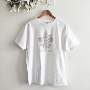 Delta New Orleans Fleur De Lis Rhinestone Mardi Gras Graphic Tee Shirt L